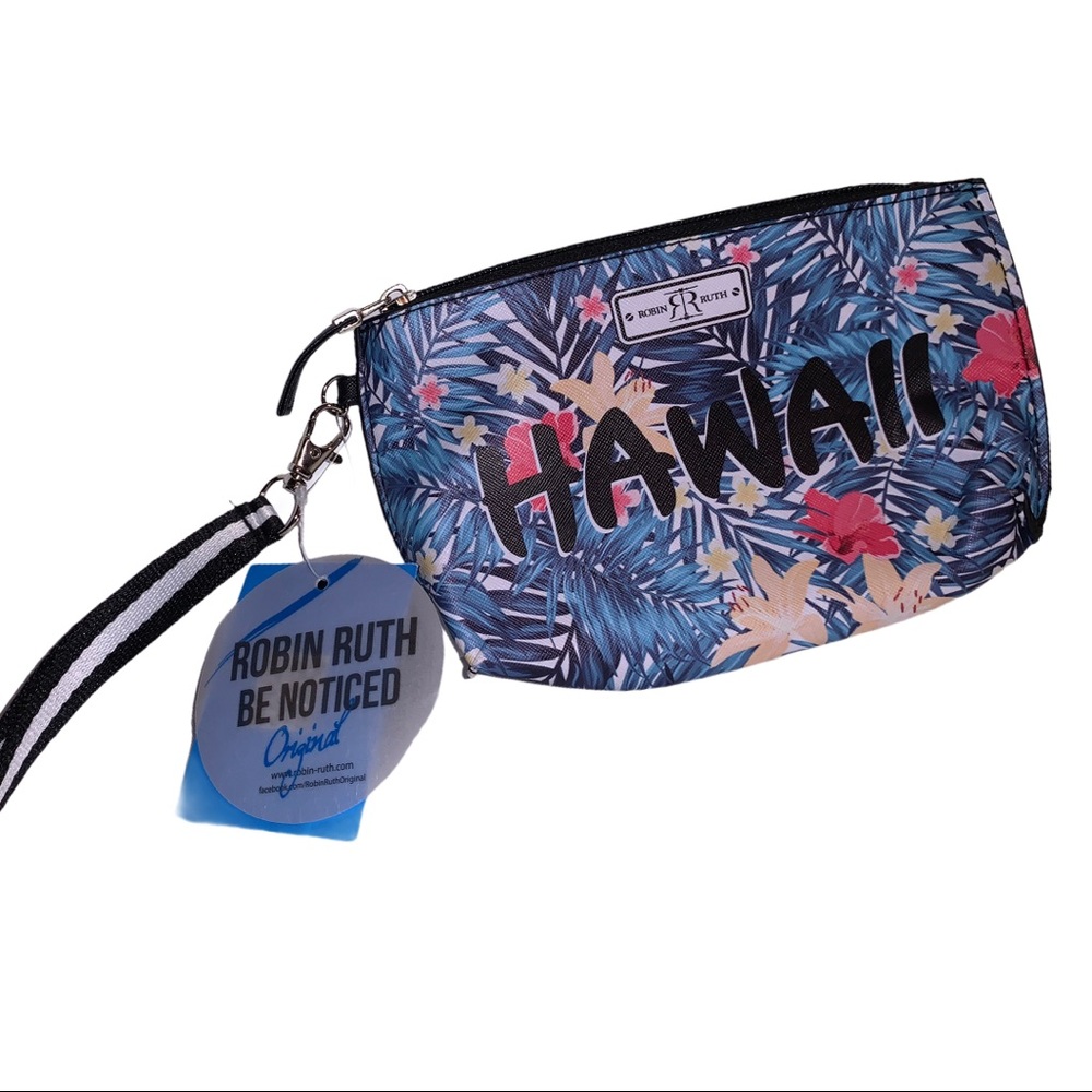 NWT Robin Ruth Hawaii Floral Leaf Tropical Blue & Pink Wrist Wallet Purse